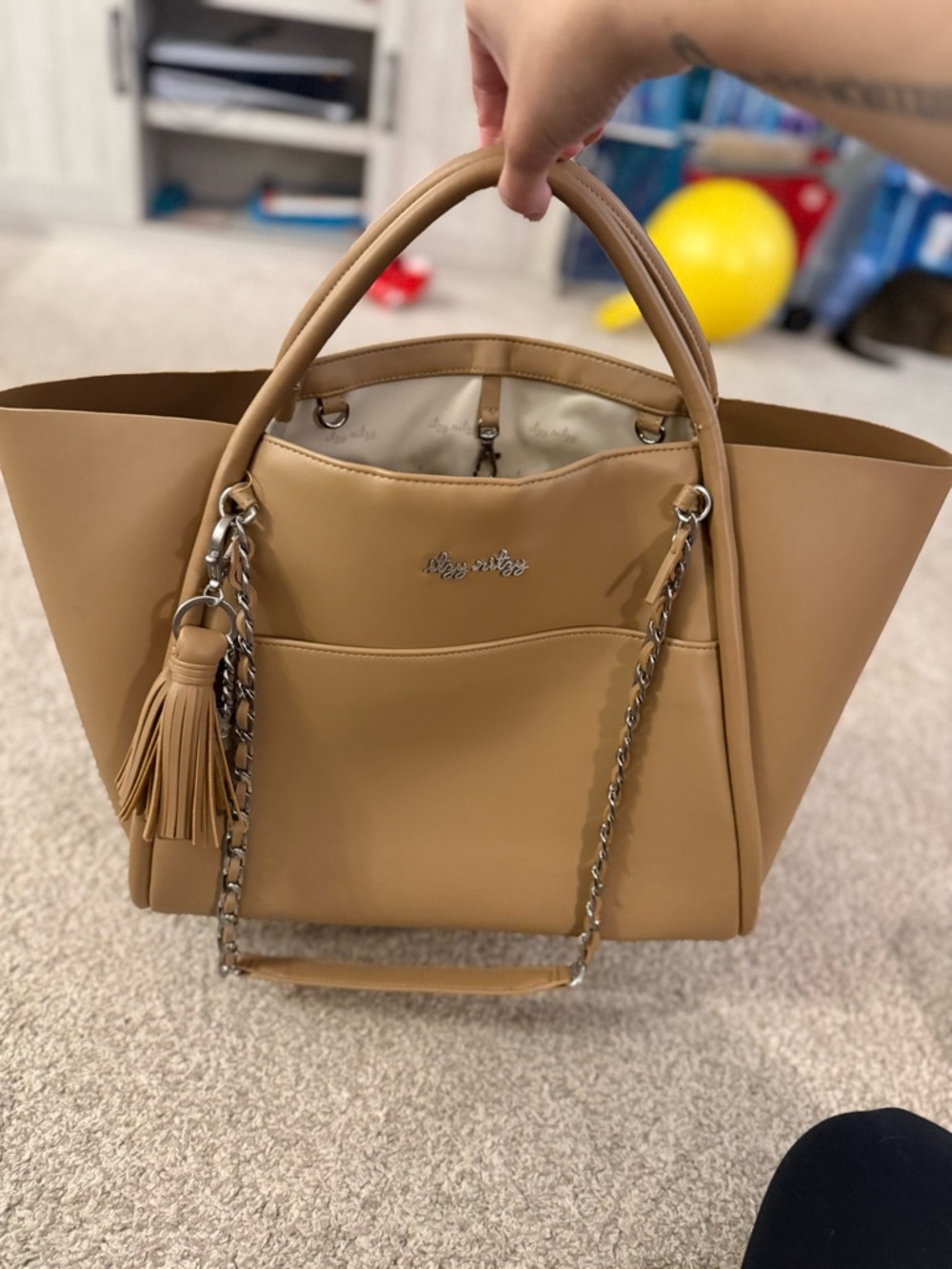 Itzy Ritzy Chai Boss Tote with Chain Strap and Tassel